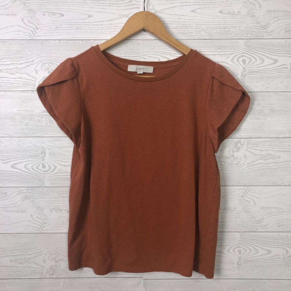 Ann Taylor LOFT Women's Large Tee Shirt Split Cap Sleeve Brown Cotton Blend Top